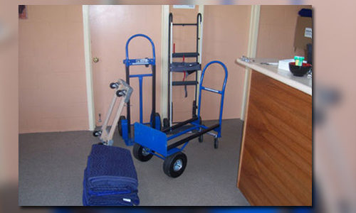 Set of hand trucks and moving supplies ready for use