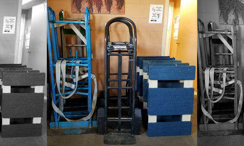 Hand trucks and moving supplies in a storage room