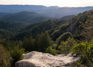 A scenic view of Ben Lomond's mountains from a rocky hillside, showcasing the natural beauty of California's landscape.