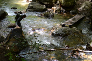 A man stands on a rock in Boulder Creek, California, surrounded by flowing water and natural scenery