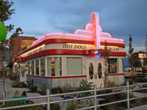 A charming red and white diner located in Zayante, California, showcasing classic American diner architecture.